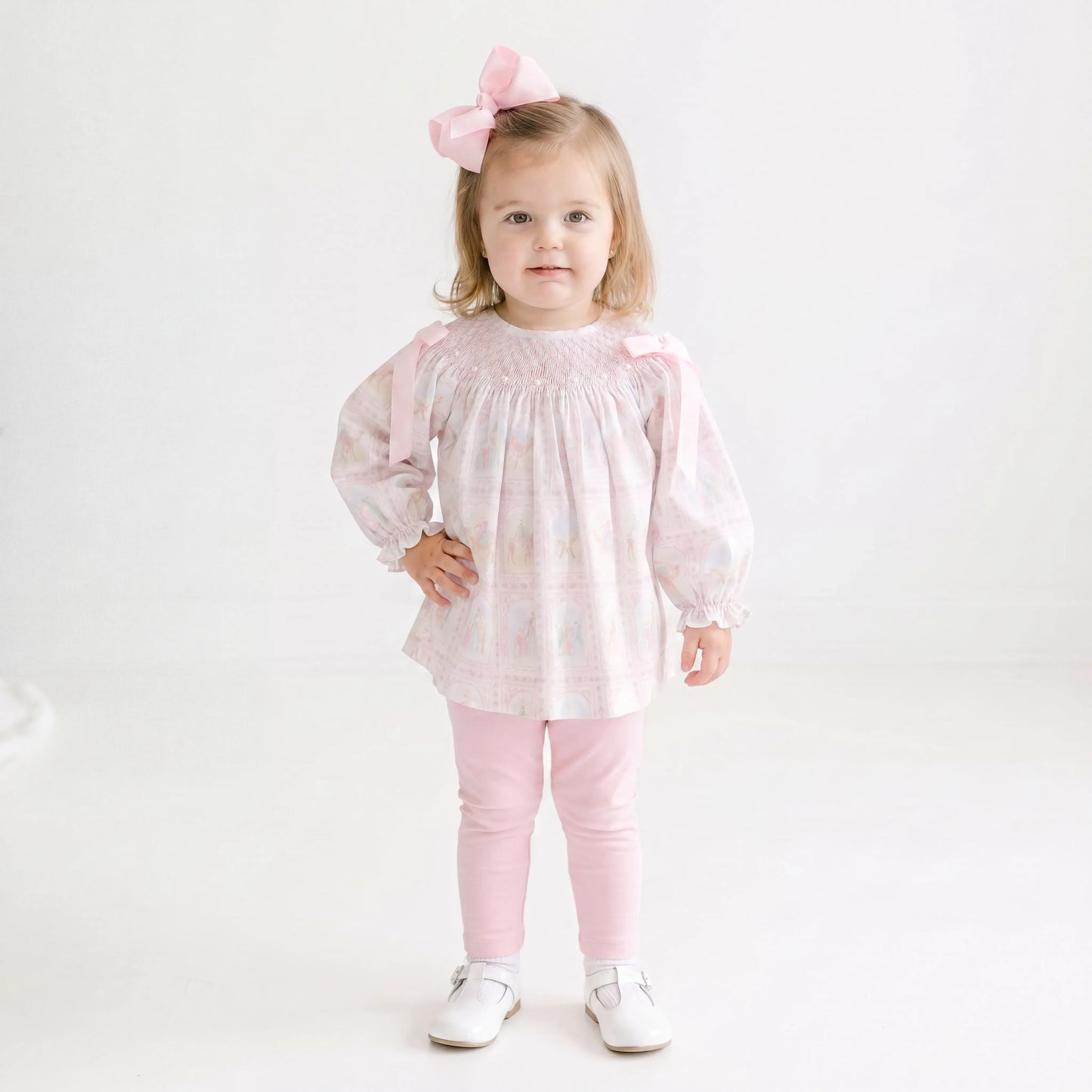 Nativity Geometric & Pearls Smocked Bishop Legging Set