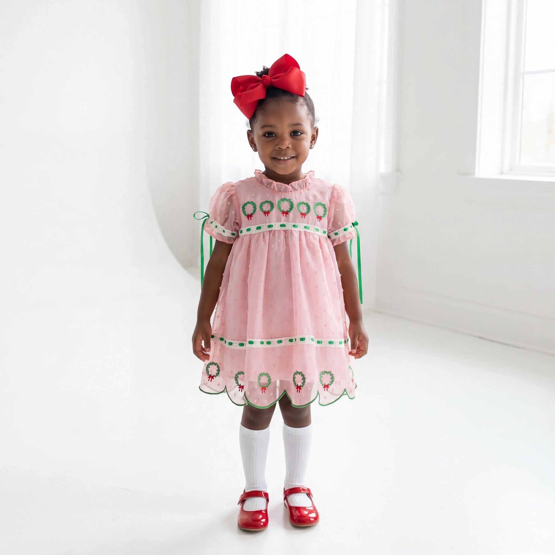 Pink Swiss Dot Chiffon Wreaths Dress 4T
