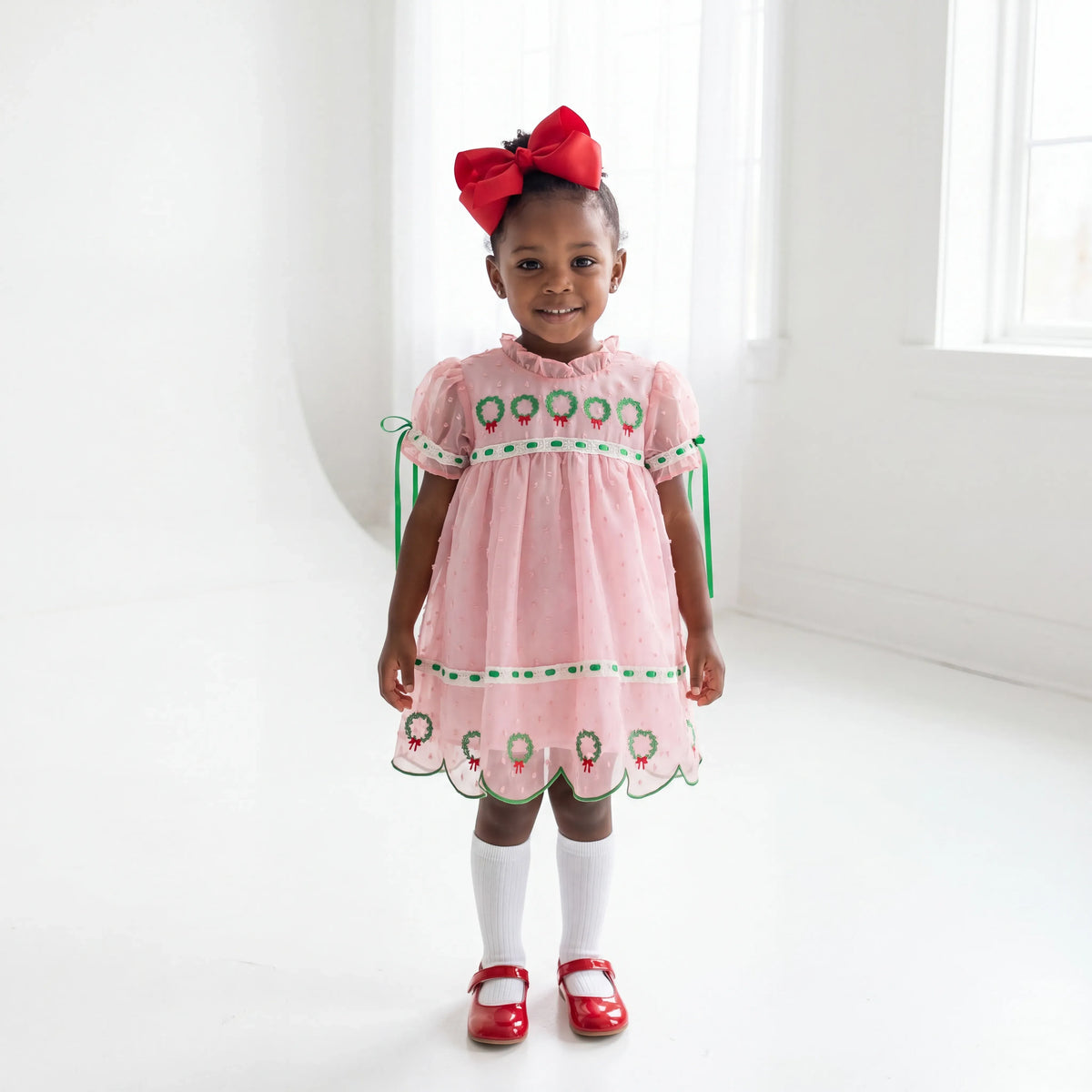 Pink Swiss Dot Chiffon Wreaths Dress – Little Bear Smocks