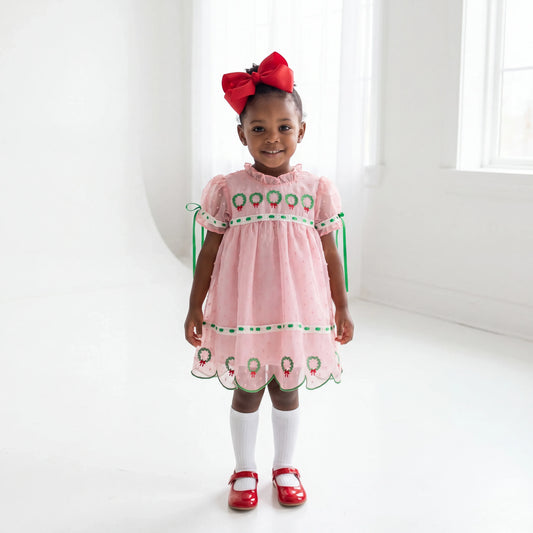Pink Swiss Dot Chiffon Wreaths Dress