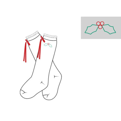 Girls Hand Embroidered Holly Knee Socks w/Bow