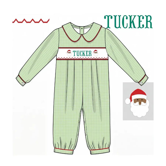 Boys Brown Santa Name Smocked Romper