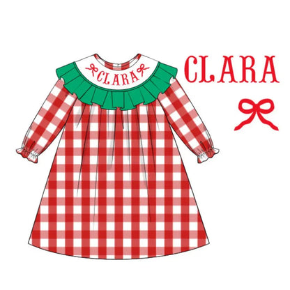 Girls Red & Green Bow Name Smock Dress