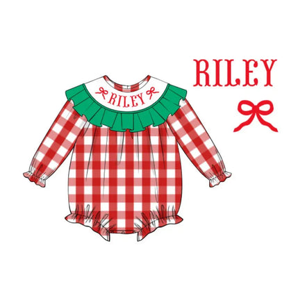 Red & Green Bow Name Smocked Bubble