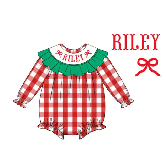 Red & Green Bow Name Smocked Bubble