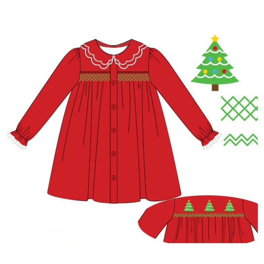 Girls Red Double Smocked Christmas Tree Dress