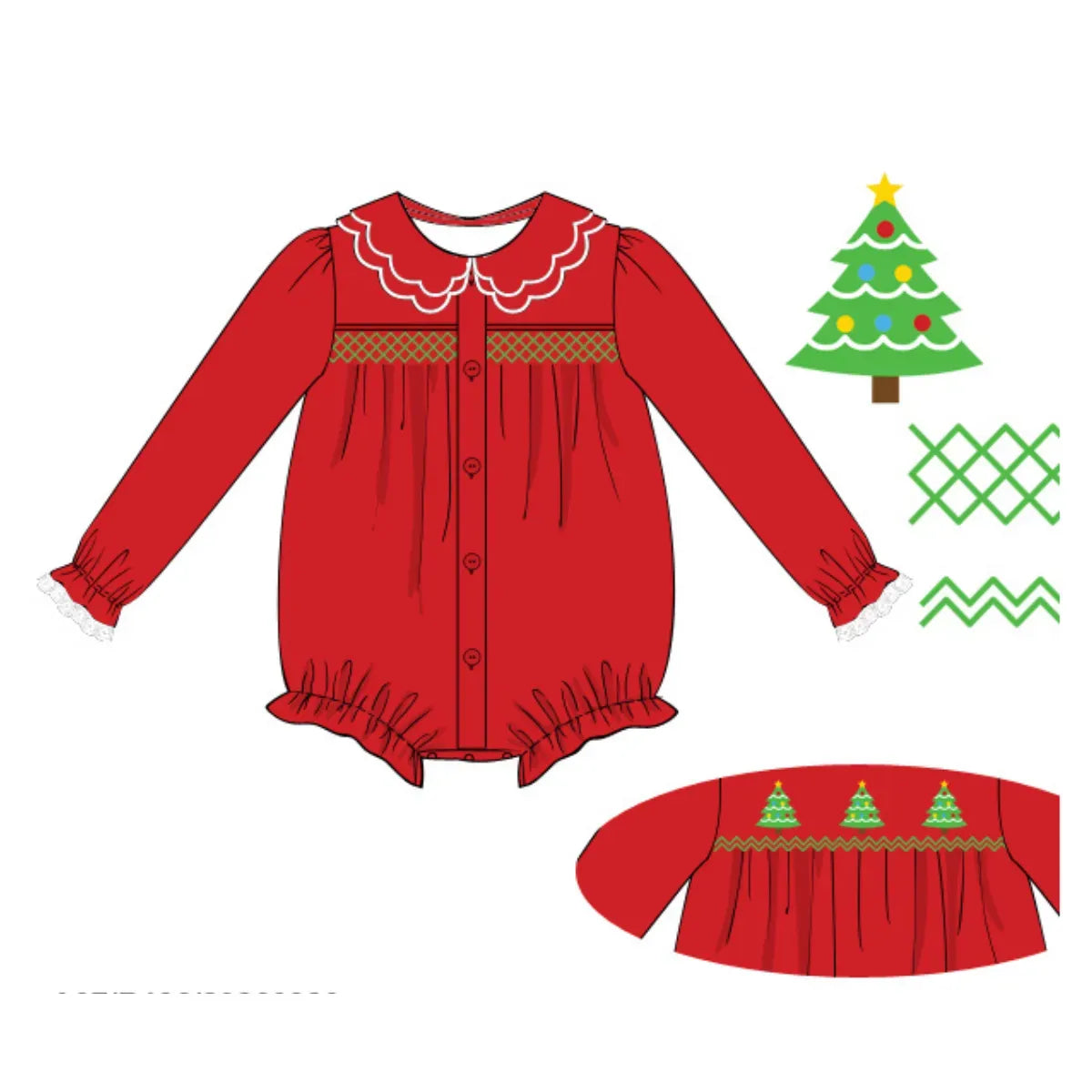 Girls Red Double Smocked Christmas Tree Bubble