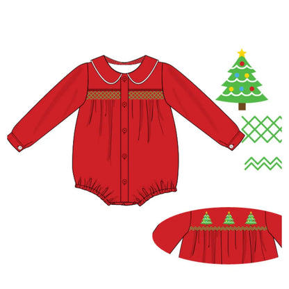 Boys Red Double Smocked Christmas Tree Bubble