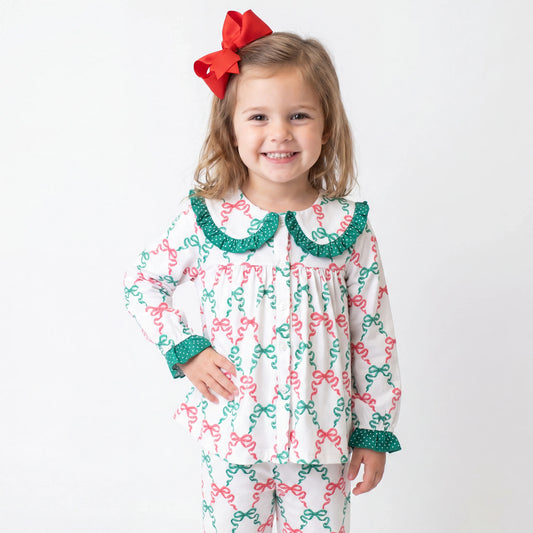 Red & Green Bows Collared 2 Piece Loungewear