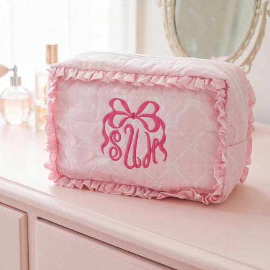 Pink Bows Large Ruffle Zippered Pouch