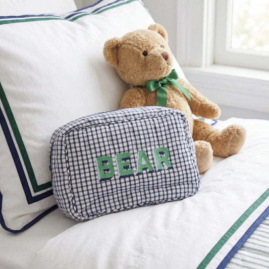Navy Windowpane & Green Large Zippered Pouch