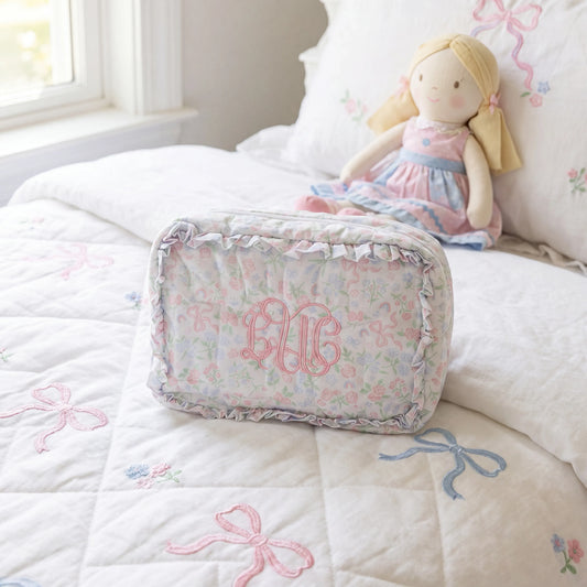 Pastel Floral & Bows Large Ruffle Zippered Pouch