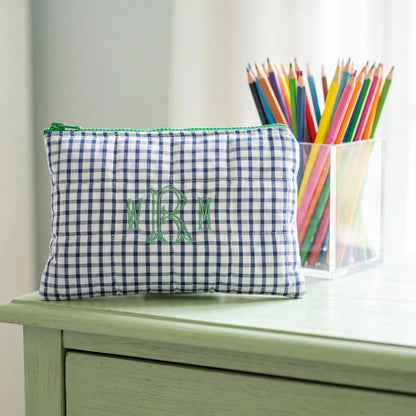 Navy Windowpane & Green Small Zippered Pouch