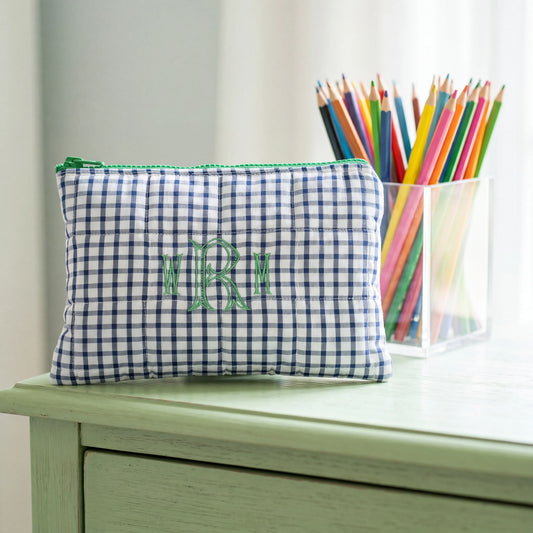 Navy Windowpane & Green Small Zippered Pouch