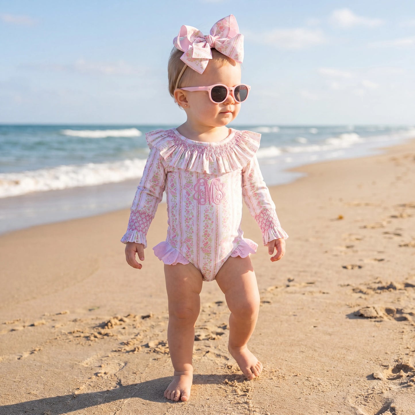 Girls Pink Palm Smocked 1PC Rash Guard