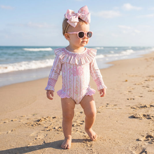 Girls Pink Palm Smocked 1PC Rash Guard