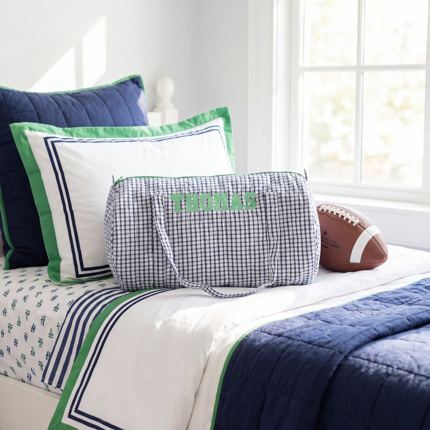 Navy Windowpane & Green Quilted Duffel