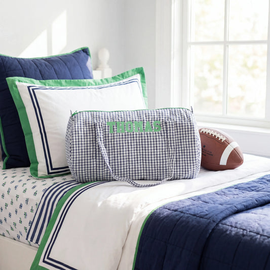 Navy Windowpane & Green Quilted Duffel