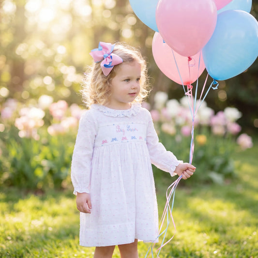 Pink & Blue Bows Swiss Dot Big Sister Smocked Dress