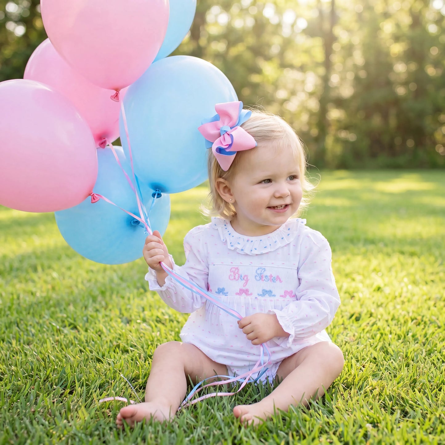 Pink & Blue Bows Swiss Dot Big Sister Bubble