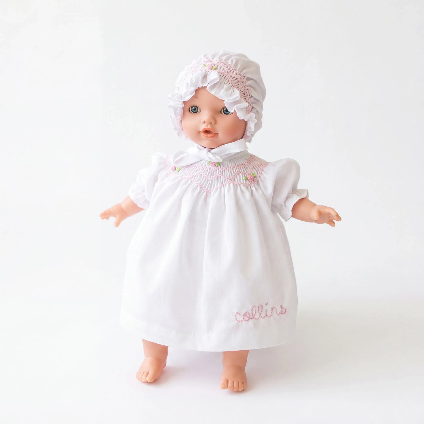 Rosalina Abby Blue Eye 10" Doll w/ White Roselle Smocked Doll Dress & Bonnet