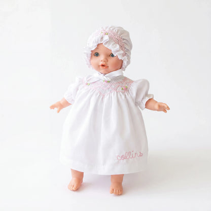 Rosalina Abby Blue Eye 10" Doll w/ White Roselle Smocked Doll Dress & Bonnet
