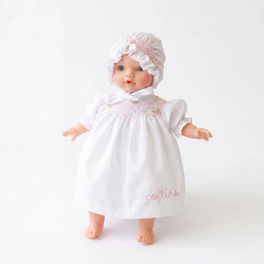 Rosalina Abby Blue Eye 10" Doll w/ White Roselle Smocked Doll Dress & Bonnet