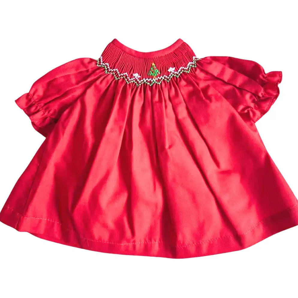 Rosalina Red Smocked Christmas Trees 15" Doll Bishop Dress