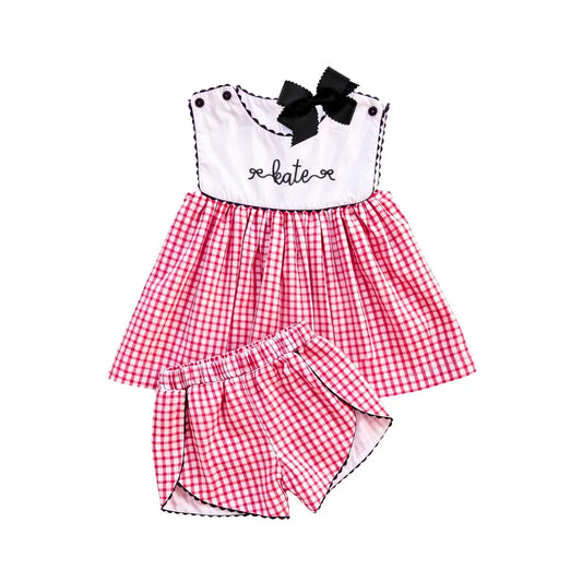Girls Red Windowpane Bib Short Set