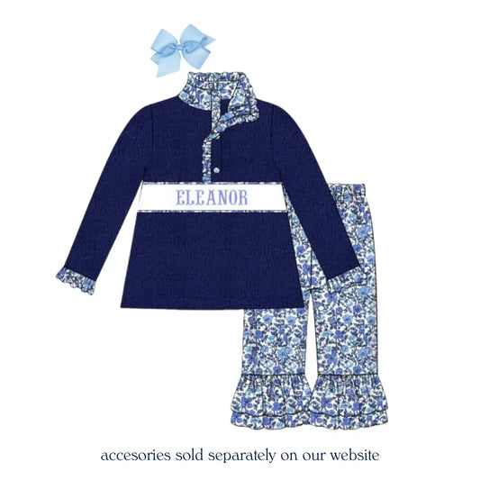 Navy Floral Name Smocked Fleece Pant Set