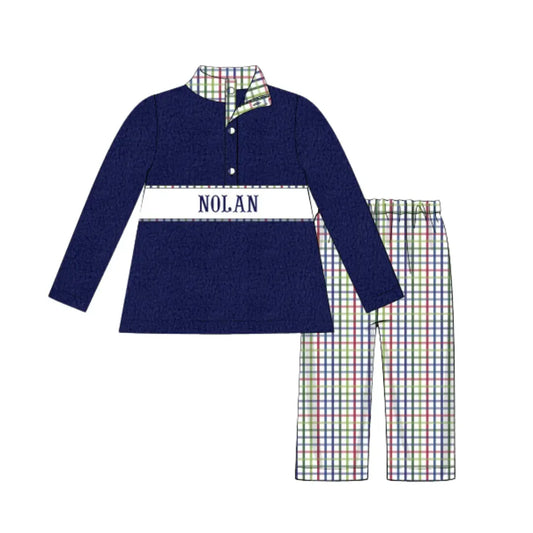 Primary Plaid Name Smocked Fleece Pant Set