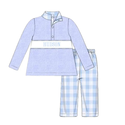 Blue Gingham Name Smocked Fleece Pant Set