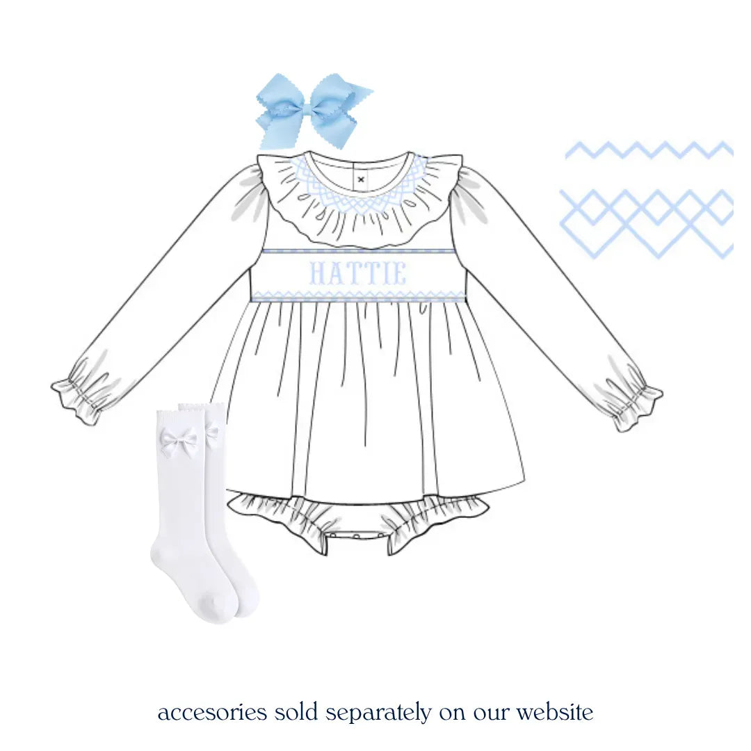 Girls White & Blue Name Smocked Bubble