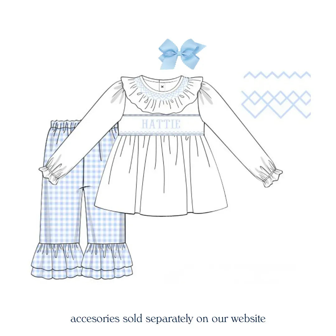 Girls White & Blue Name Smocked Pant Set