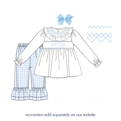Girls White & Blue Name Smocked Pant Set