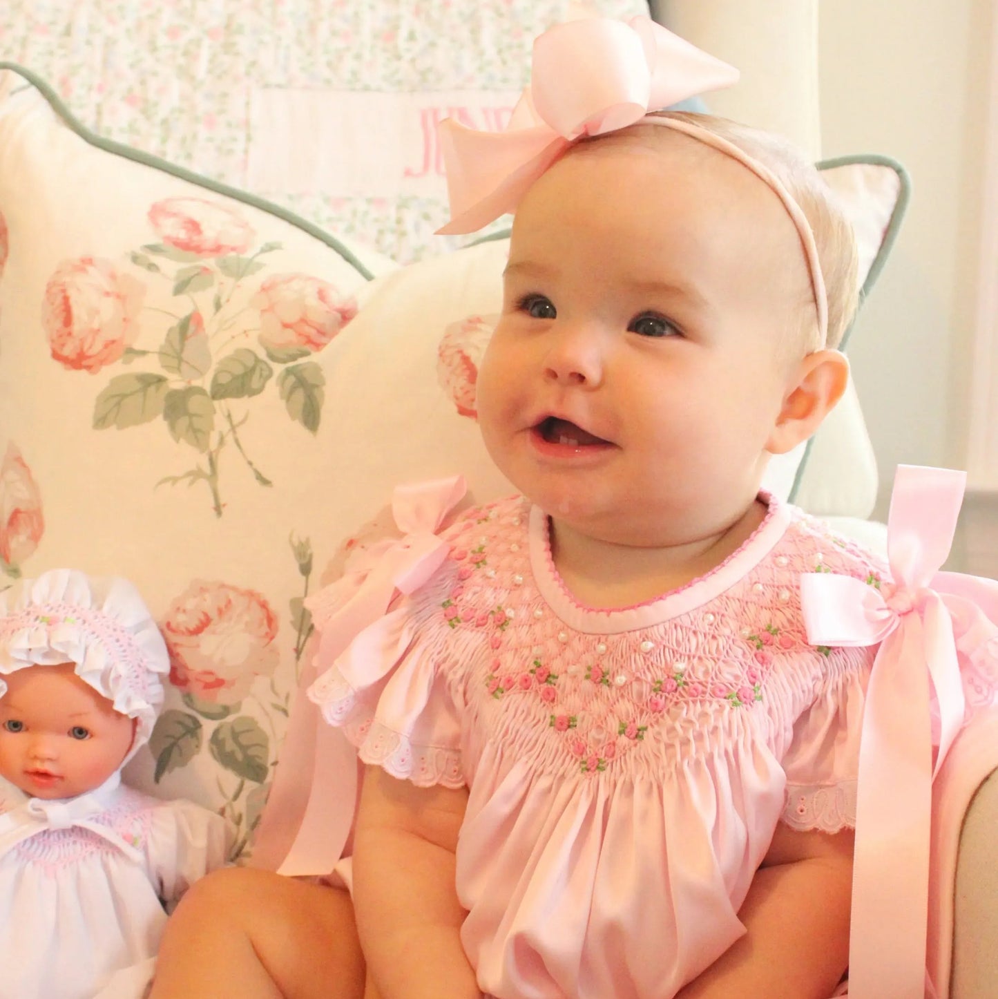 Pink Satin Rosette & Pearls Smocked Bishop Bubble