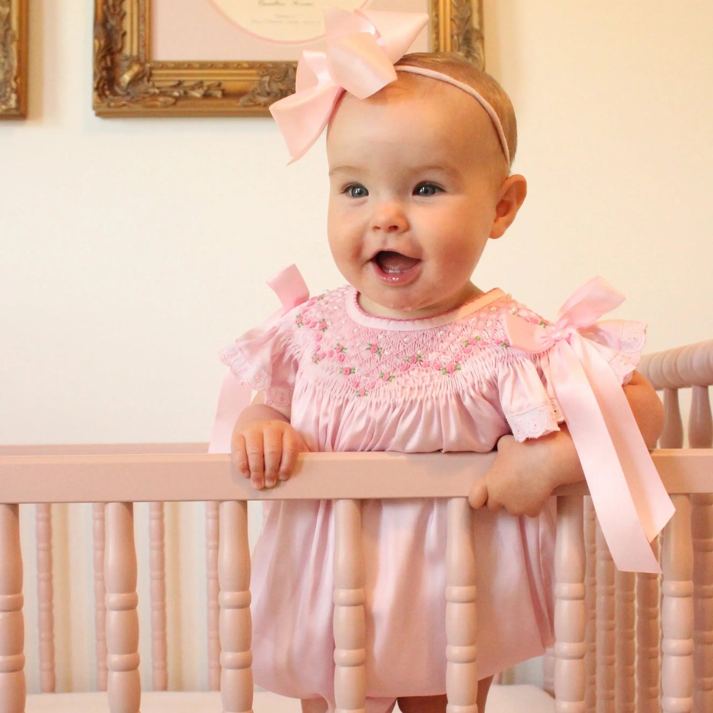 Pink Satin Rosette & Pearls Smocked Bishop Bubble