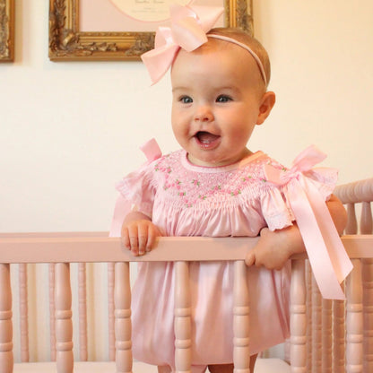Pink Satin Rosette & Pearls Smocked Bishop Bubble