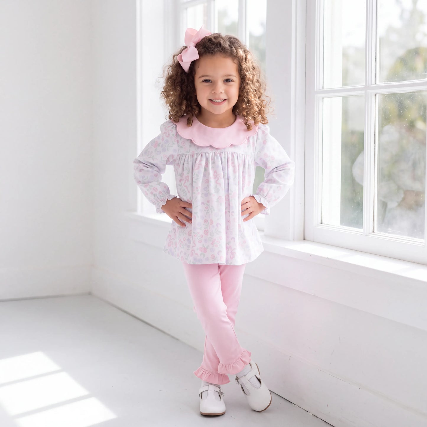 Pastel Floral & Bows Scalloped Collar Legging Set