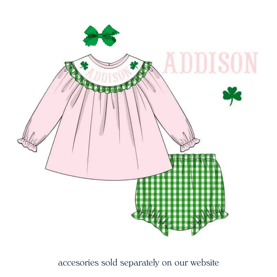 Girls St Patty Name Smocked Diaper Set
