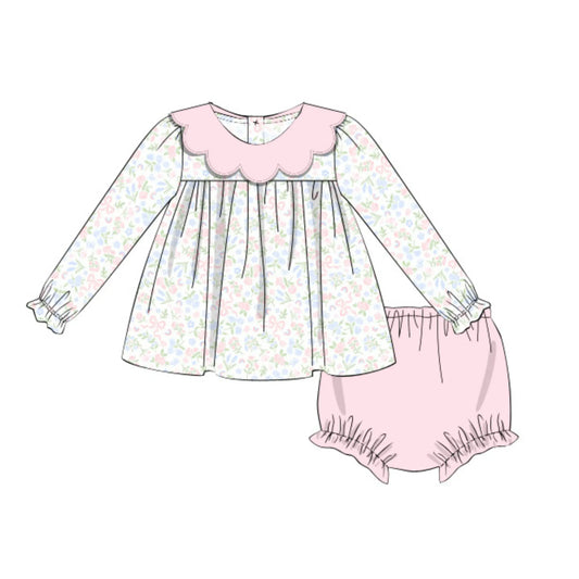 Pastel Floral & Bows Scalloped Collar Diaper Set