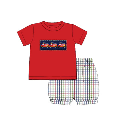 Primary Plaid Smocked Firetrucks Short Set