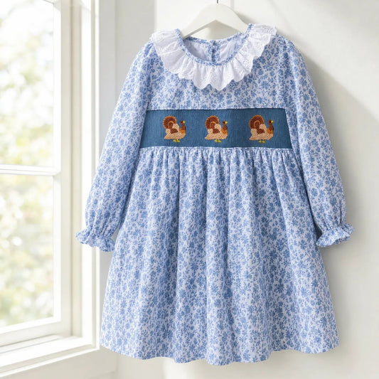 Teal Floral Smocked Turkeys Dress