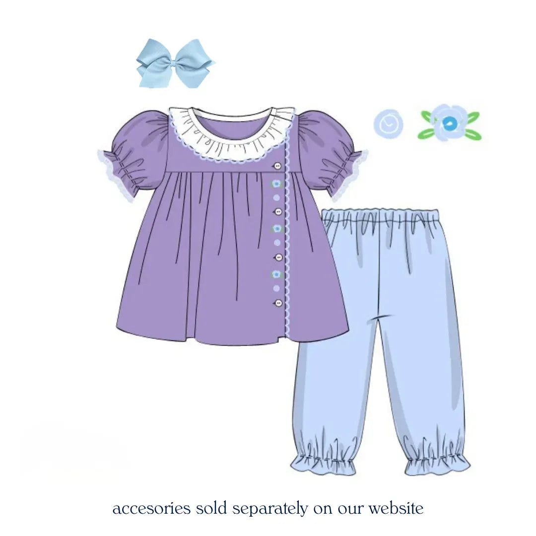 Lilac & Blue Floral Bullion Stitch Pant Set