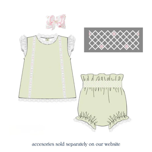 Green & Pink Ribbon Smocked Heirloom Diaper Set