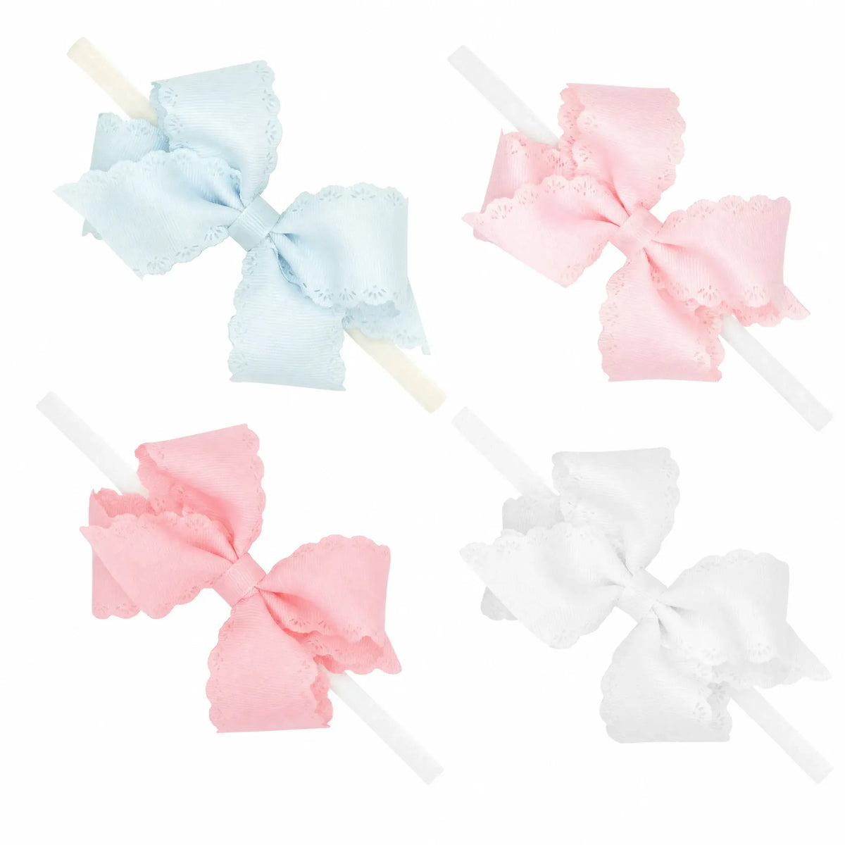Wee Ones Small Grosgrain Hair Bow with Embossed Eyelet Edge on White Nylon Band