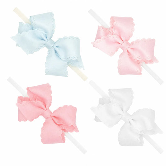 Wee Ones Small Grosgrain Hair Bow with Embossed Eyelet Edge on White Nylon Band