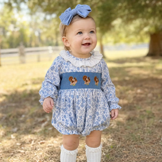 Teal Floral Smocked Turkeys Bubble