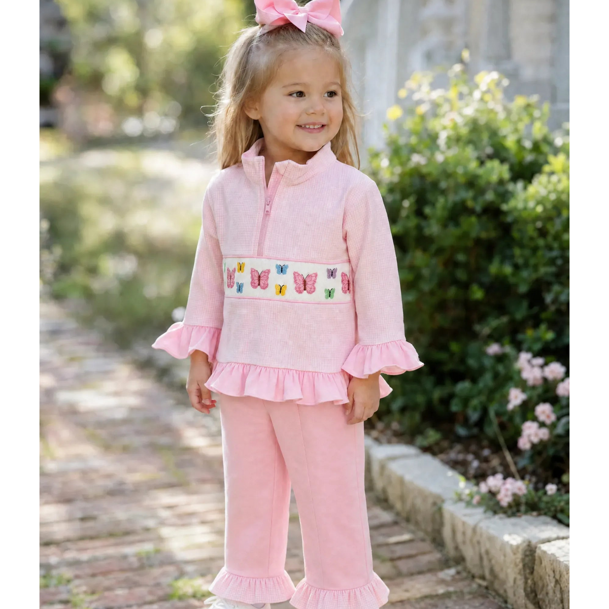 Pink Butterflies Smocked Pant Set