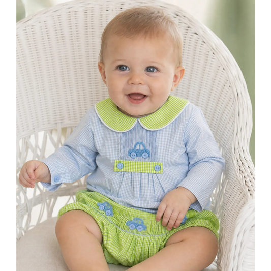 Blue & Green Smocked Cars Long Sleeve Diaper Set